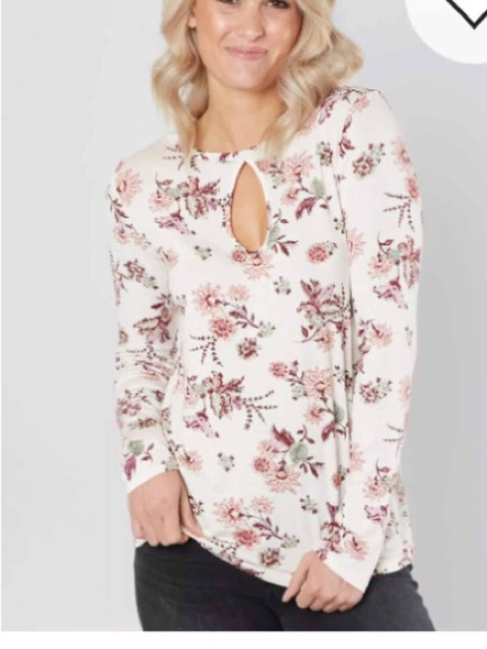 Daytrip Floral Keyhole Long-Sleeve Top - Cream with Rose Print